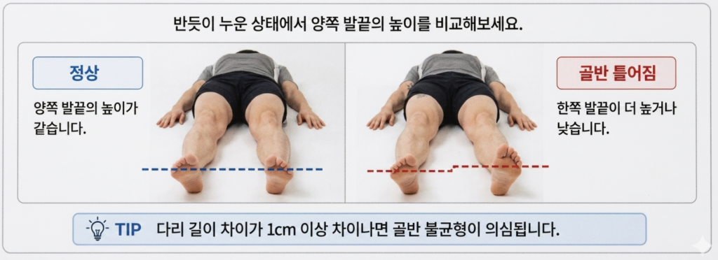 반듯이 누운 상태에서 양쪽 발끝 높이를 비교하여 골반 불균형을 확인하는 방법과 허리 통증 원인 자가진단 팁 이미지