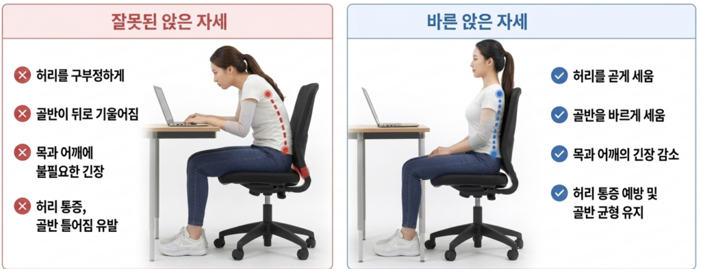 컴퓨터 의자에 잘못된 자세로 앉을 때 발생하는 골반 틀어짐 원인과 허리 통증을 예방하는 바른 자세 비교 일러스트 안내