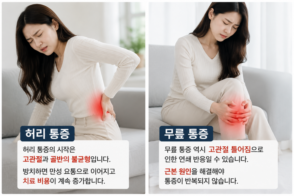 허리 통증 무릎 통증 원인은 고관절과 골반 틀어짐 교정
